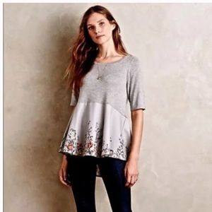 Anthropologie Moth Grey Floral Peplum Bow Back Top